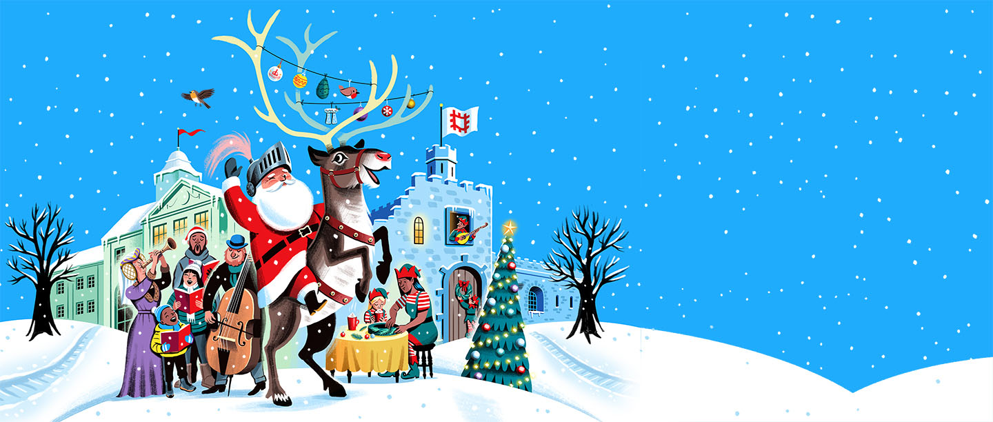 An illustration showing colourful Christmas characters