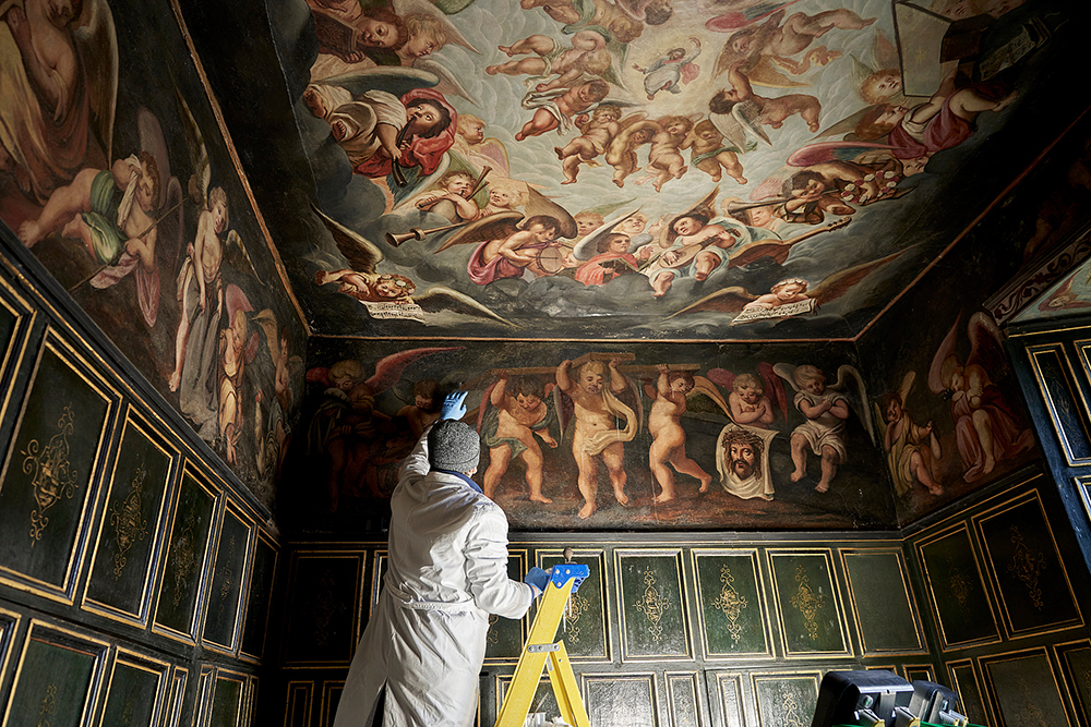 Conservation on the wall paintings inside the Little Castle at Bolsover, Derbyshire