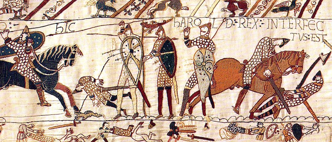 The scene from the Bayeux Tapestry depicting the death of King Harold of England at the Battle of Hastings