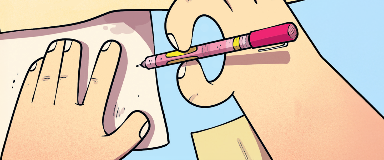 An illustration of someone writing on a sheet of paper