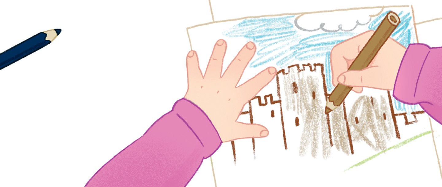 An illustration of a child designing a postcard