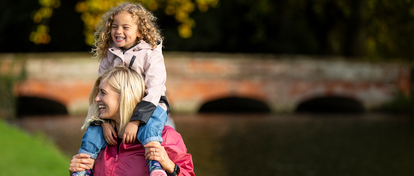 Photo of an adult with a child on their shoulders in a historic garden