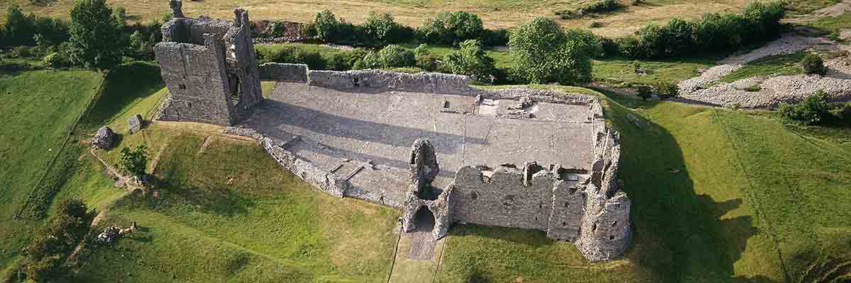 Aerial view of Brough Castle, showing the outline of the Roman fort Verteris