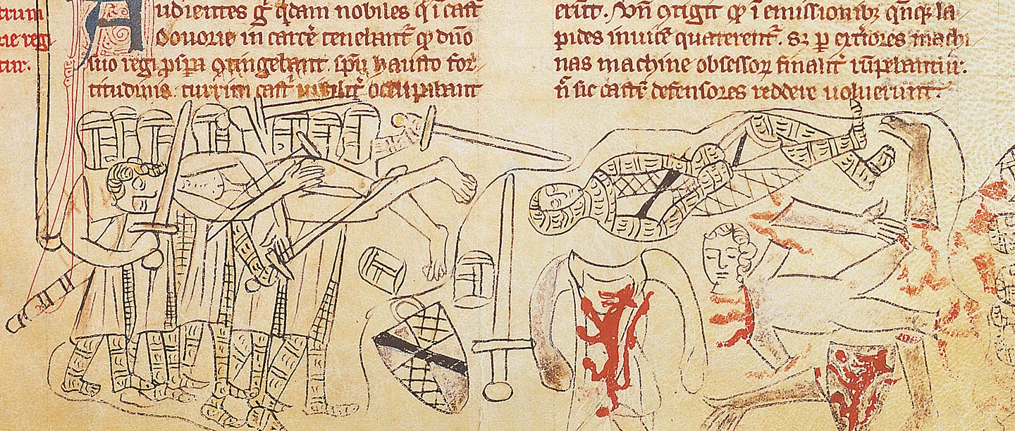 The death of Simon de Montfort at the Battle of Evesham, depicted in a 14th-century manuscript