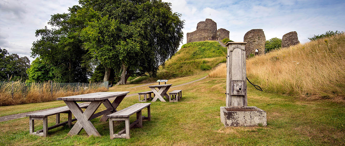 Picnic benches outside Launceston Castle