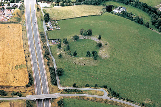 Aerial view of Mayburgh Henge with M6 road passing by to the south west