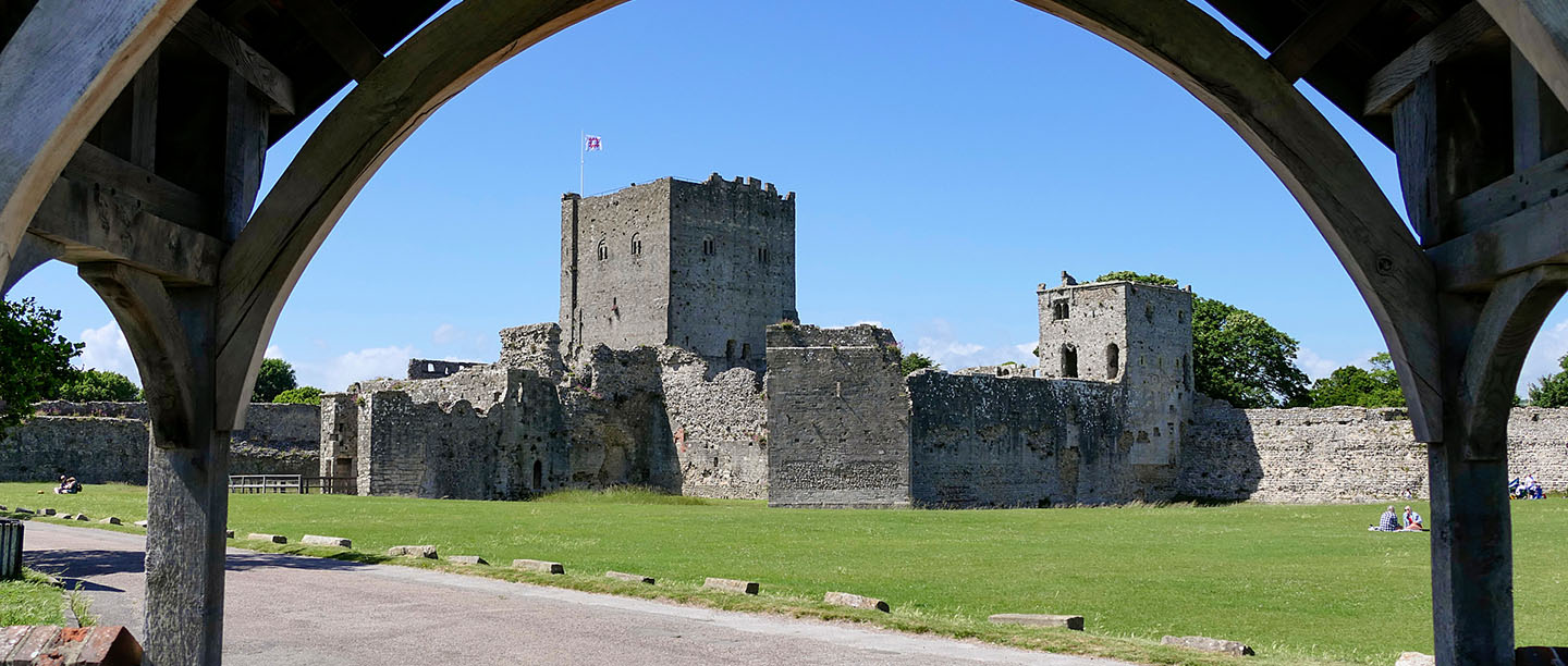 Portchester Castle keep viewed from the adjacent church