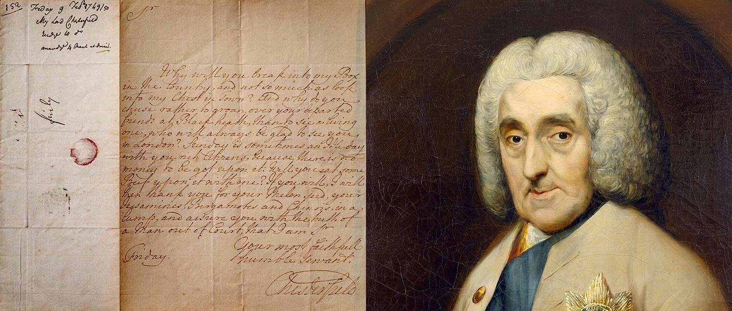 Painting of the 4th Earl of Chesterfield on the right, and examples of his letters on the left