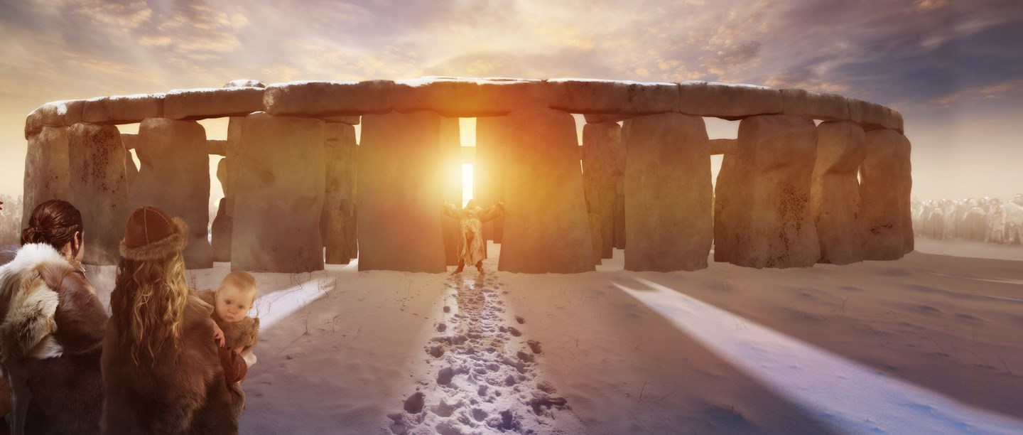 Reconstruction drawing of midwinter solistice at Stonehenge in the Neolithic period