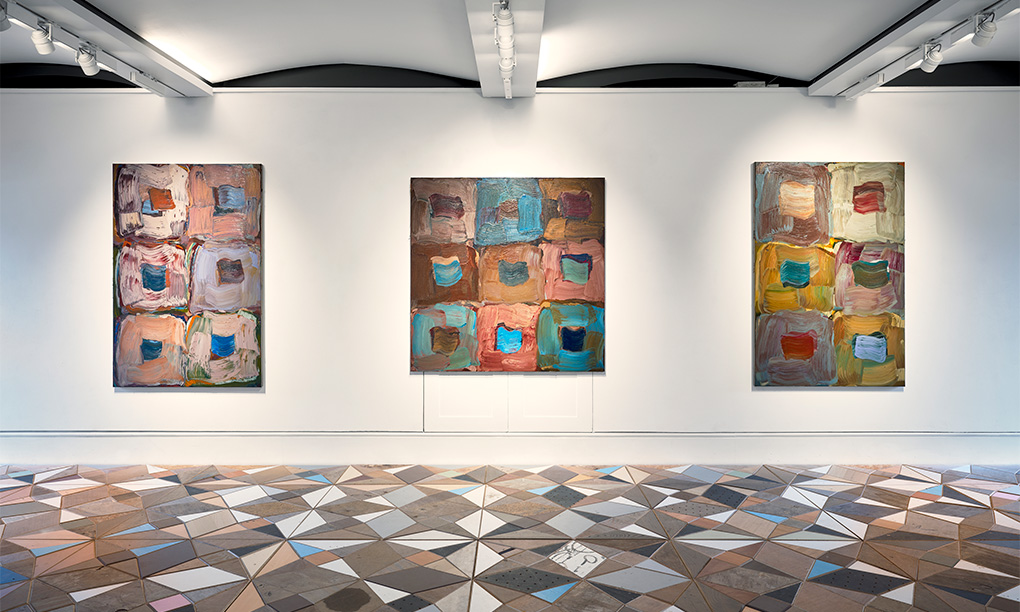 Images: paintings hanging in Wellington Arch exhibition space from the Push Pull exhibition