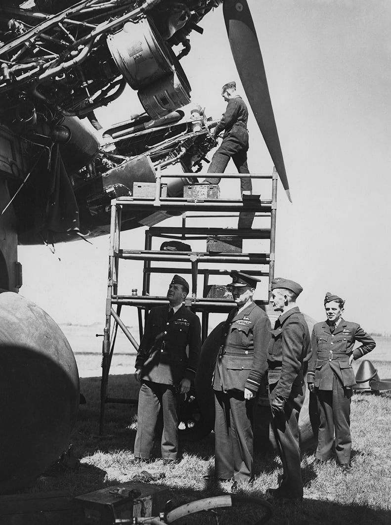 Sir Arthur Harris (centre with peaked cap) inspecting ground crew servicing a Halifax bomber, 10 May 1943 Sir Arthur Harris (centre with peaked cap) inspecting ground crew servicing a Halifax bomber, 10 May 1943