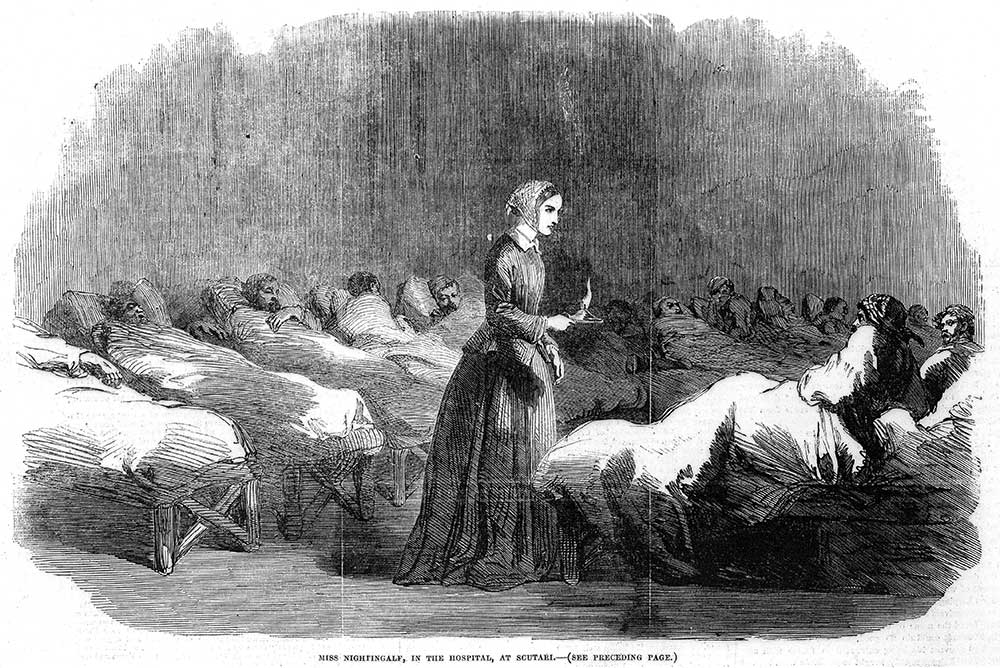 Nightingale going around the wards at Scutari Hospital. This image was printed in the Illustrated London News, 24 February 1855 Nightingale going around the wards at Scutari Hospital. This image was printed in the Illustrated London News, 24 February 1855